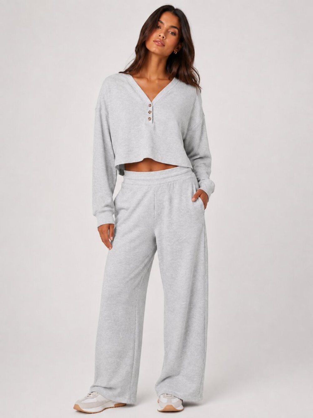 Alo Yoga Micro Waffle Set Gray Henley Wide Leg Pants S